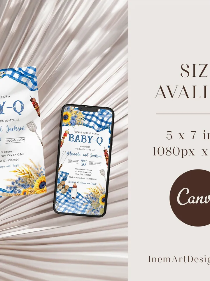 BBQ Baby Shower Invitation, Baby-q Baby Shower Invite, Boy Baby Shower, BBQ Party Baby Sprinkle Invitation, Editable Canva Template BBQ04