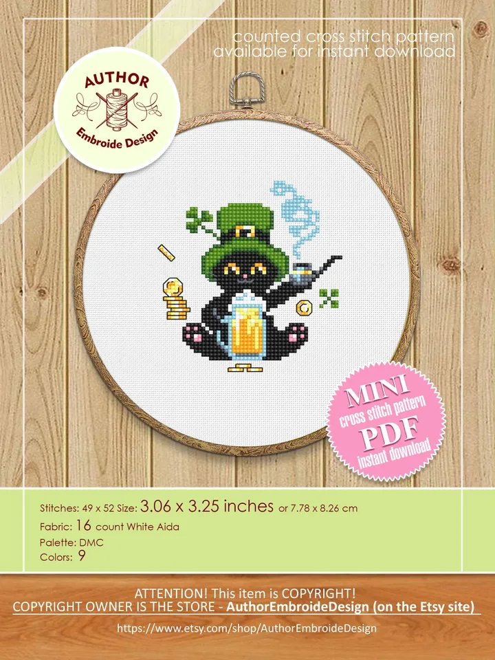 St Patrick day cat cross stitch pattern PDF download Cat holiday cards cross stitch chart, Black cat pattern digital PDF Cat lover gift #T40
