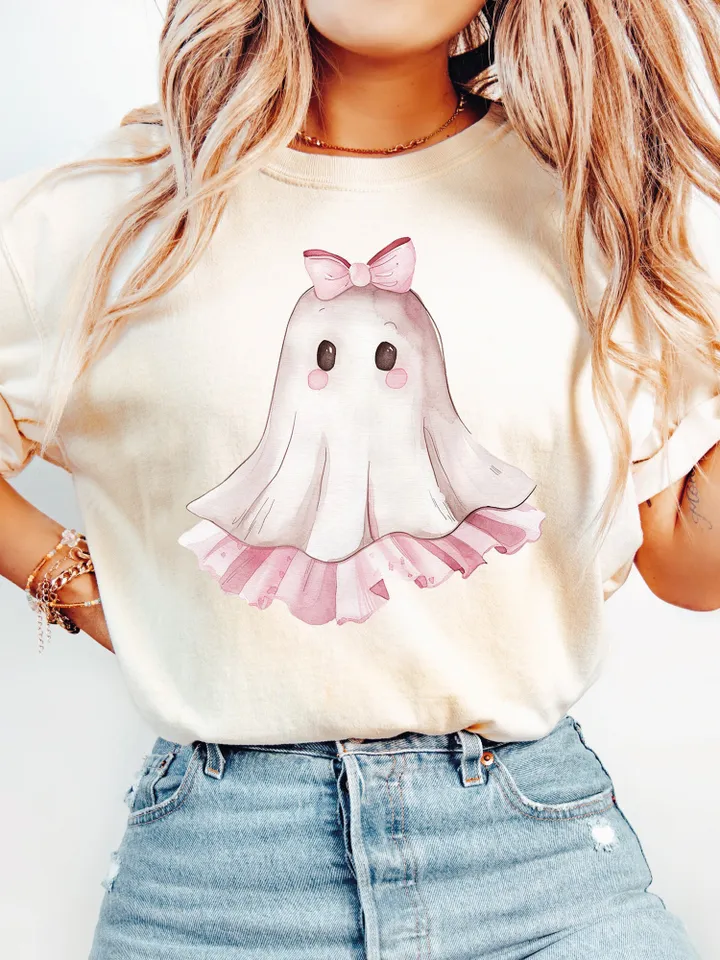 Pink Halloween Cute Ghost PNG, Spooky Ghost, Autumn sublimation design, Fall PNG, Pumpkins, Watercolor Sublimation, Coquette Pink Ghouls