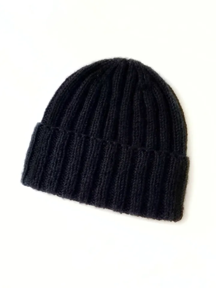 Handcrafted Black Men's Merino Wool Ribbed Beanie: Exceptionally Warm Hand-Knitted Winter Hat in Luxurious Soft Yarn. FREE SHIPPING!