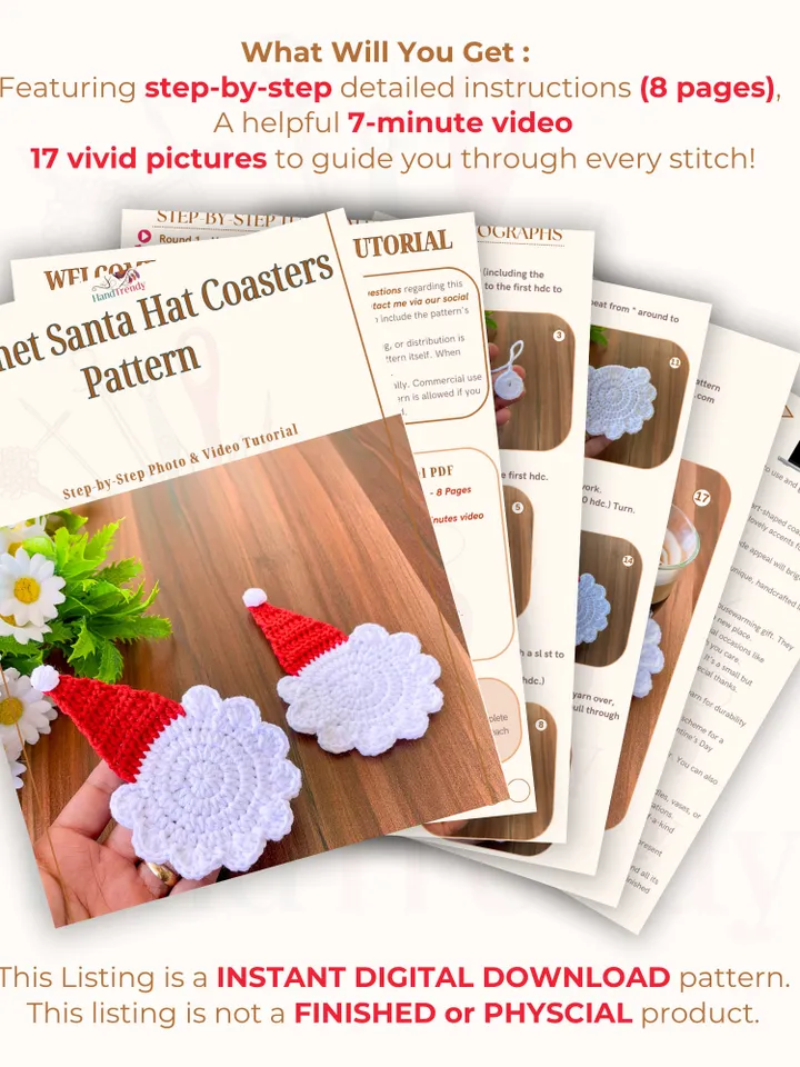 Crochet Santa Hat Coasters Pattern, Decorative Crochet Xmas Coasters for Holiday Home Decor, Ideal for Coffee Lovers
