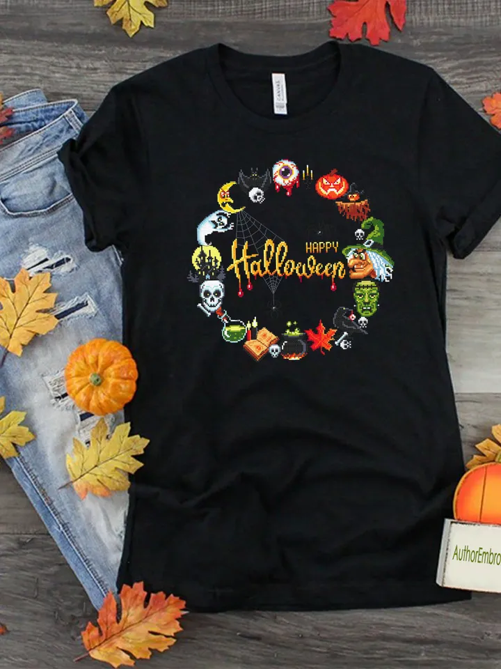 Halloween wreath cross stitch pattern download PDF, Spooky Halloween cross stitch chart, Halloween pattern digital PDF, Beginner stitch #H45