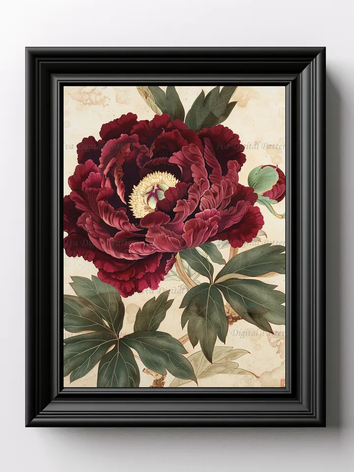 Digital burgundy velvet peony flower Art Print chinese painting , Modern Wall Art Decor, Digital Prints, Instant Download AI