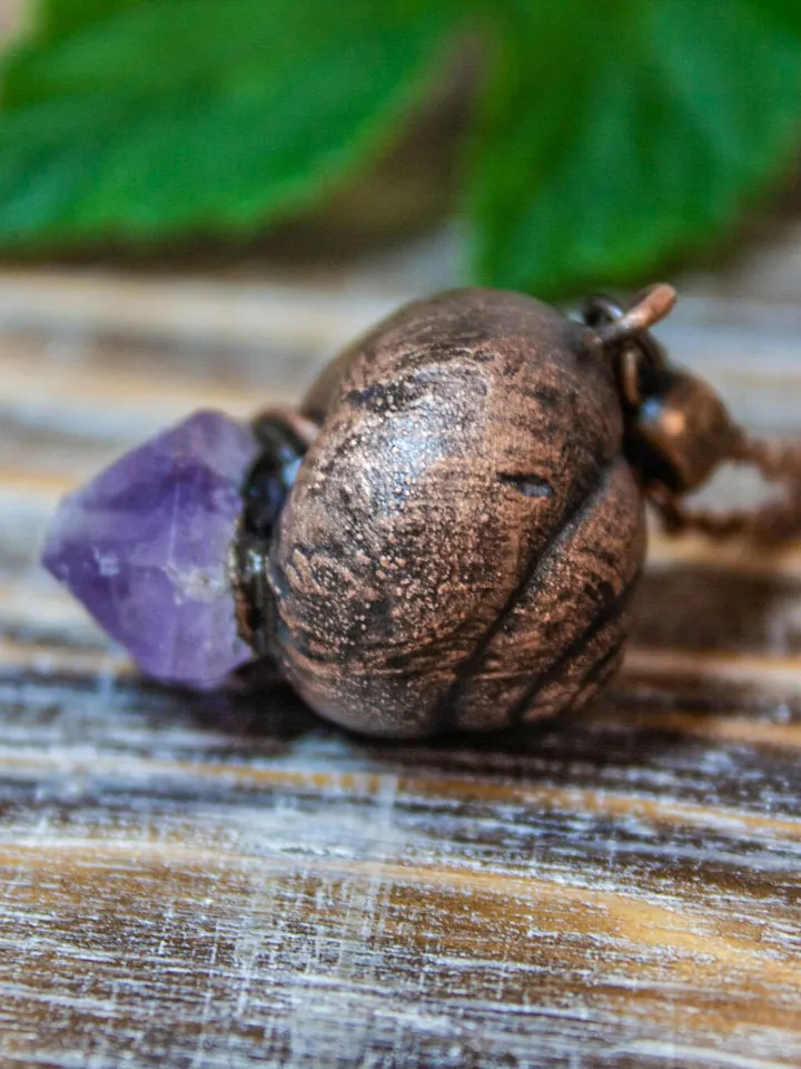 Handmade copper pendant made from real shell using electroforming process, embellished with natural amethyst, great gift for her and him