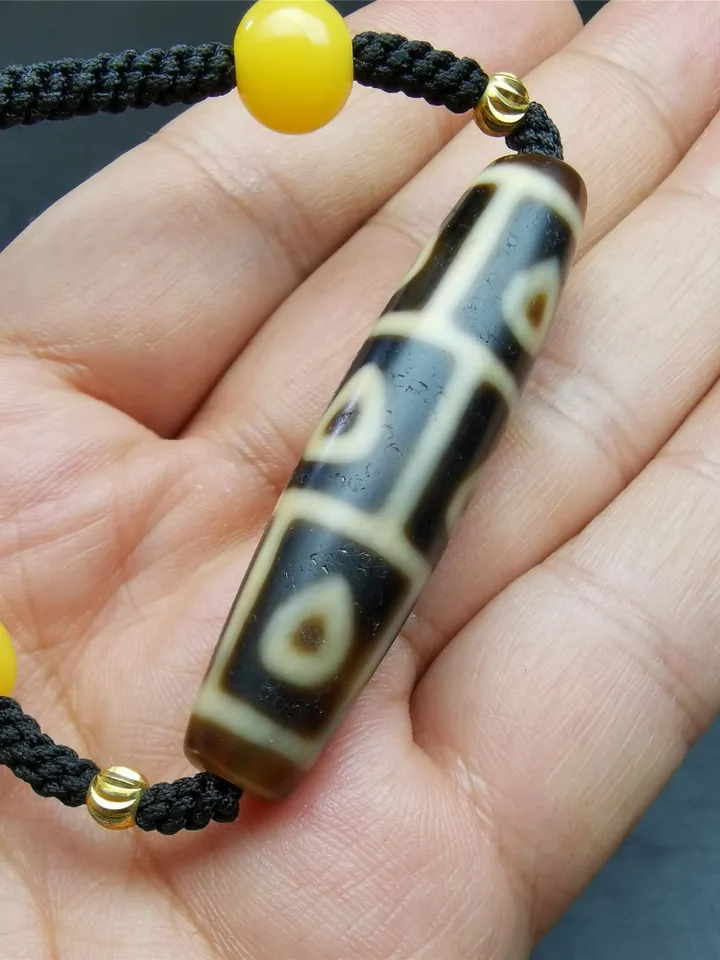 Gandhanra Antique Tibetan 9 Eyes Bodhi Dzi Bead Necklace, 2.13" x 0.51", 30 Years Old