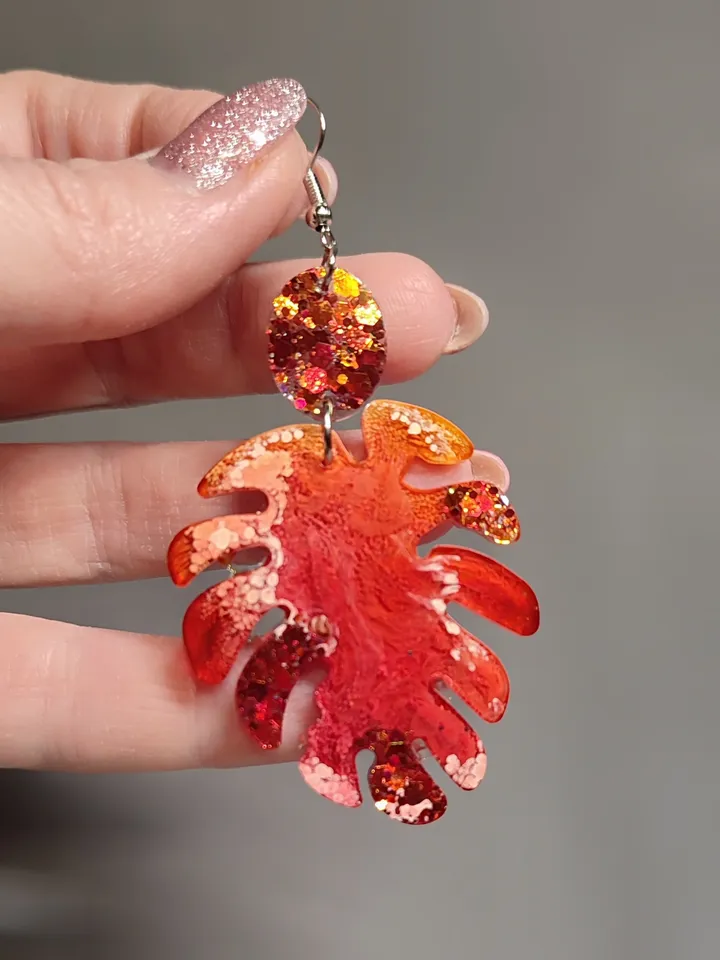 Monster leaf earrings, orange colored earrings, stylish earrings