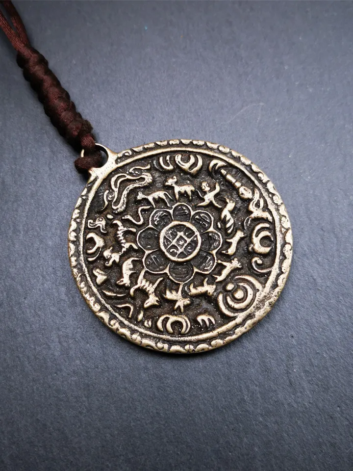 Gandhanra Antique Tibetan Buddhist Astrological Mandala,Calendar Badge,Melong Mirror,SIPAHO Amulet(srid pa ho),Made of Thokcha,60 Years Old
