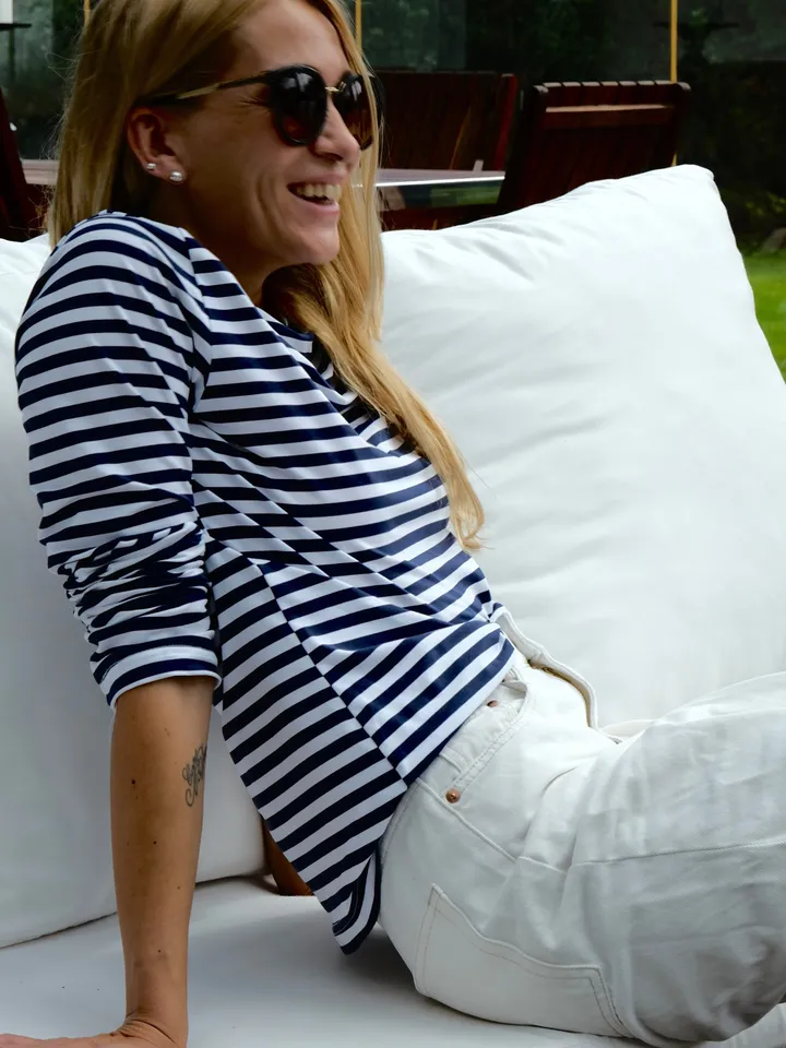 Cotton Mariniere longsleeve shirt | blue striped boat neck top | Blue and White women sweatshirt | Classic Sailor Shirt With Hedonist print