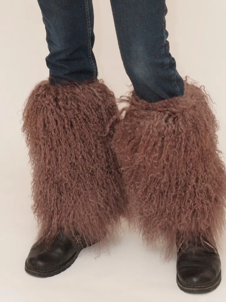 Gaiters made of natural Tibetan fur llama of light brown color. Real Mongolian fur lama gaiters by Sofalee
