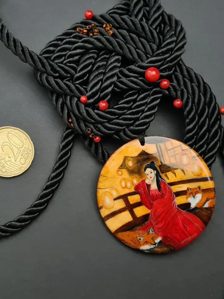 Kitsune necklace real oil painting miniature on jasper One of a kind Present OOA