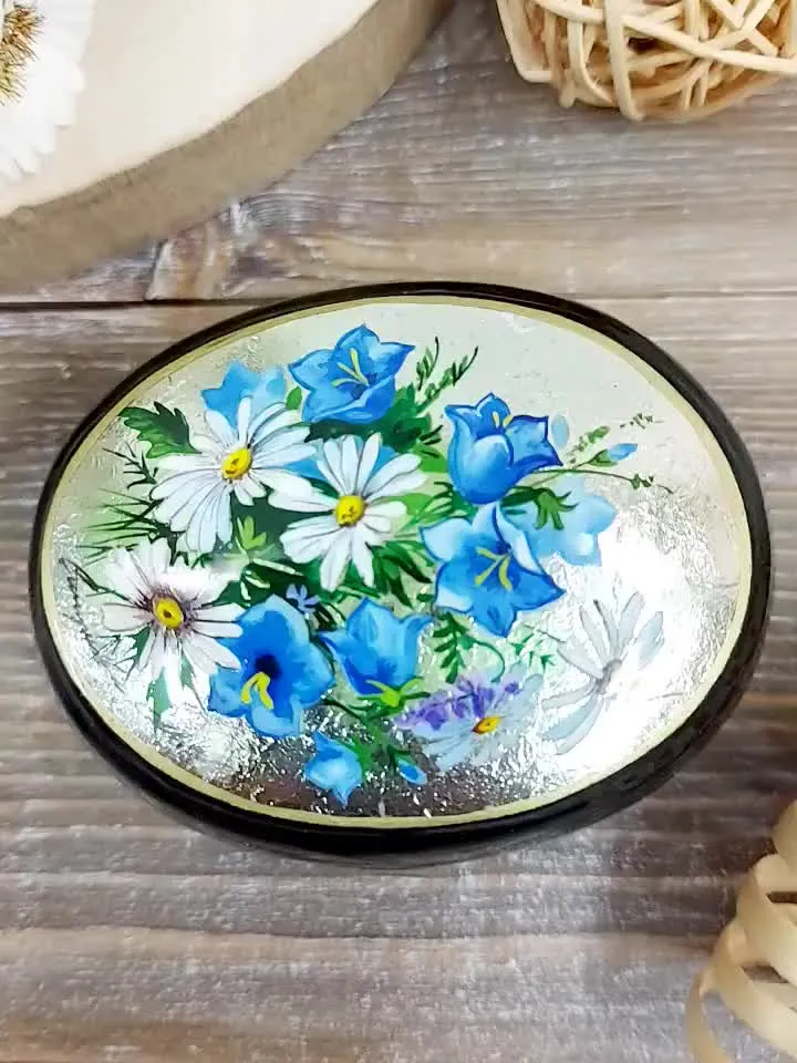 Beautiful Russian Lacquer Box "Wildflower" 2.36*3.2.Fedoskino Mother of pearl Hand painted.jewelry box.Gift for cat lovers.Art gifts.For her