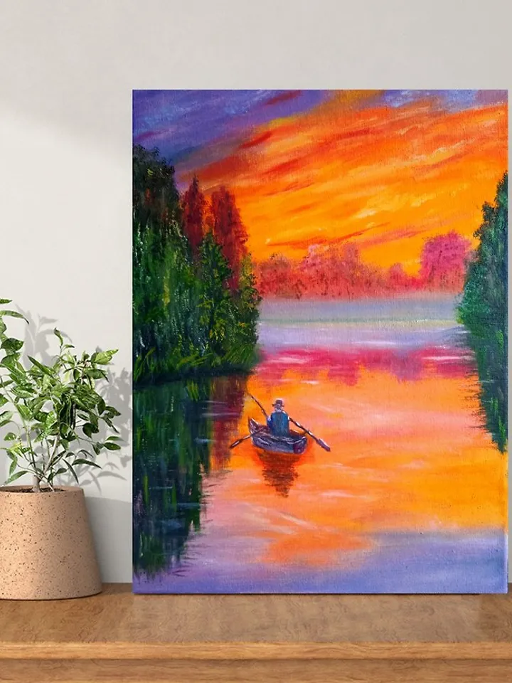 Oil painting, Fishing, Sunset on the river, fog on the river, canvas 30x40 cm