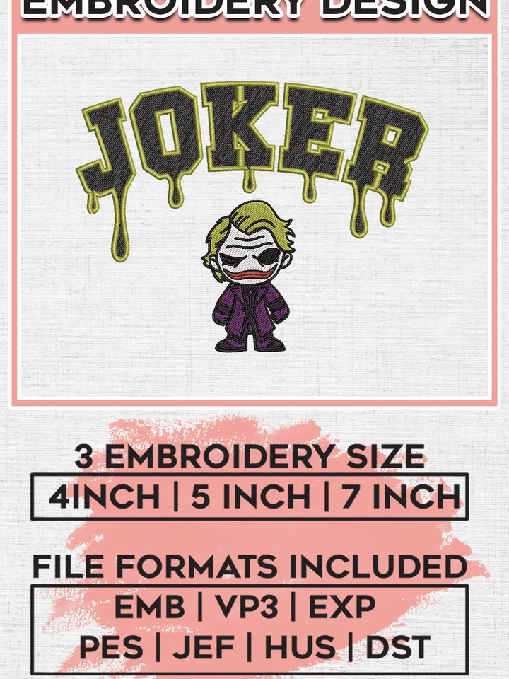 Joker Horror Character Drop Name Embroidery designs, Horror Character Machine embroidery designs, Halloween embroidery files, Machine Embroidery Digitized Pes Files, Digital Download