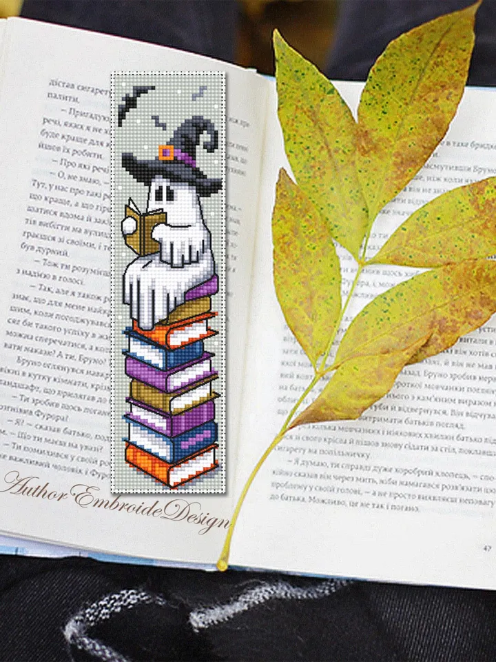 Witch ghost bookmark cross stitch pattern PDF download Reading ghost cross stitch chart, Cute Halloween bookmark pattern digital PDF #B365