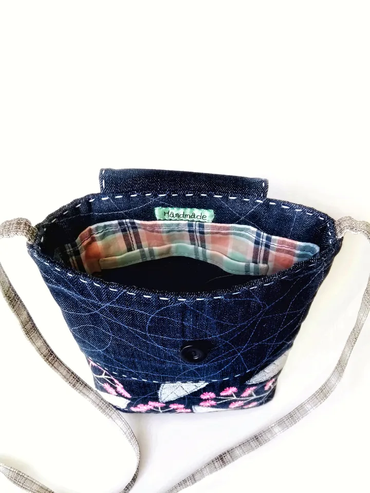 Handmade Small Denim Hand Embroidered Purses for Women, Handcrafted Boho Style Shoulder Bags - Floral Accents for Ladies. FREE SHIPPING!
