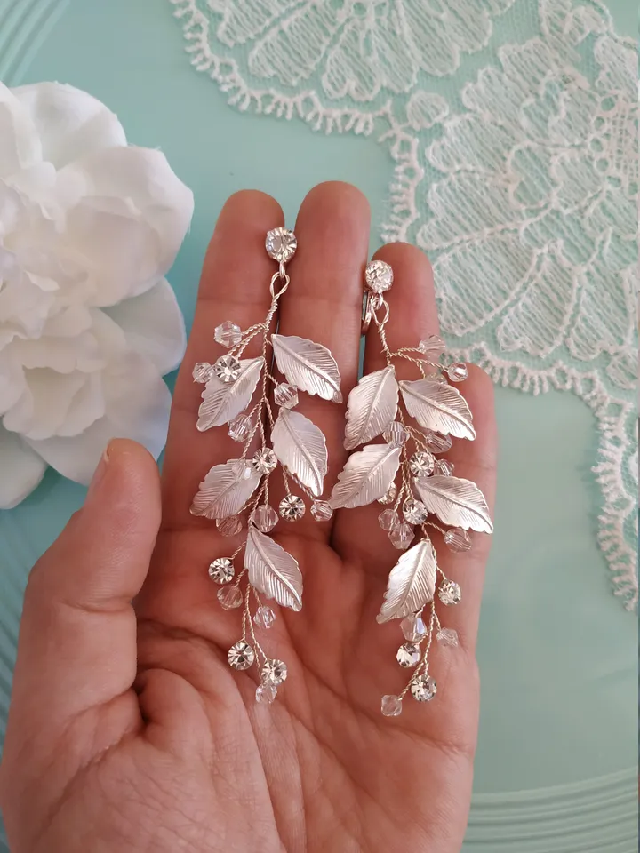 Silver Leaf Wedding Earrings Boho Wedding Earrings Rose Gold Chandelier Earrings Swarovski Crystal Long Bohemian CZ Boho Bridal Earrings