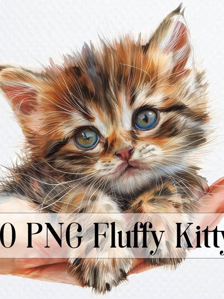 10 Fluffy Kitten in Hand PNG Clipart, Cute kitty Cat for sublimation, Printable Watercolor Cat clipart, Paper craft, junk journals