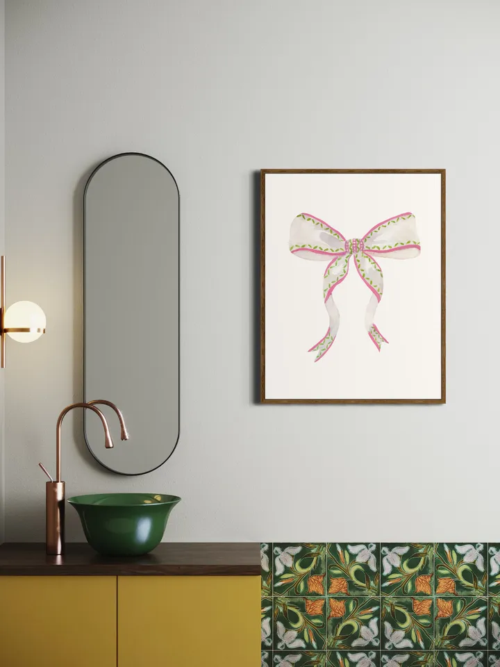 Pink Bow Watercolor Print, Baby Girl Gift, Nursery Room, Pink And White, Pink Bow Wall Art, Girly Wall Art, Vintage Bow, Green Bow Print