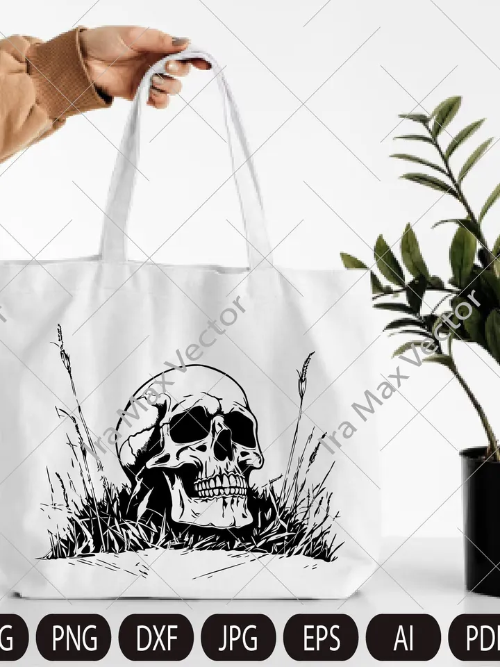 Skull svg file, Skull in the grass svg, Skull cut file, Skull in the field , Day of death , skull png , halloween, gothic, goth