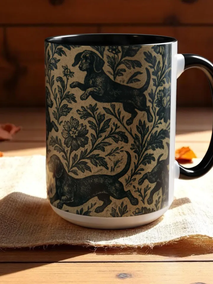 Dachshund French Toile de Jouy Ceramic Mug, Toile Coffee Cup for Doxie Mom, Sausage Dog Lover Gifts, Dog Tea Drinkware, Gift For Dog Lovers