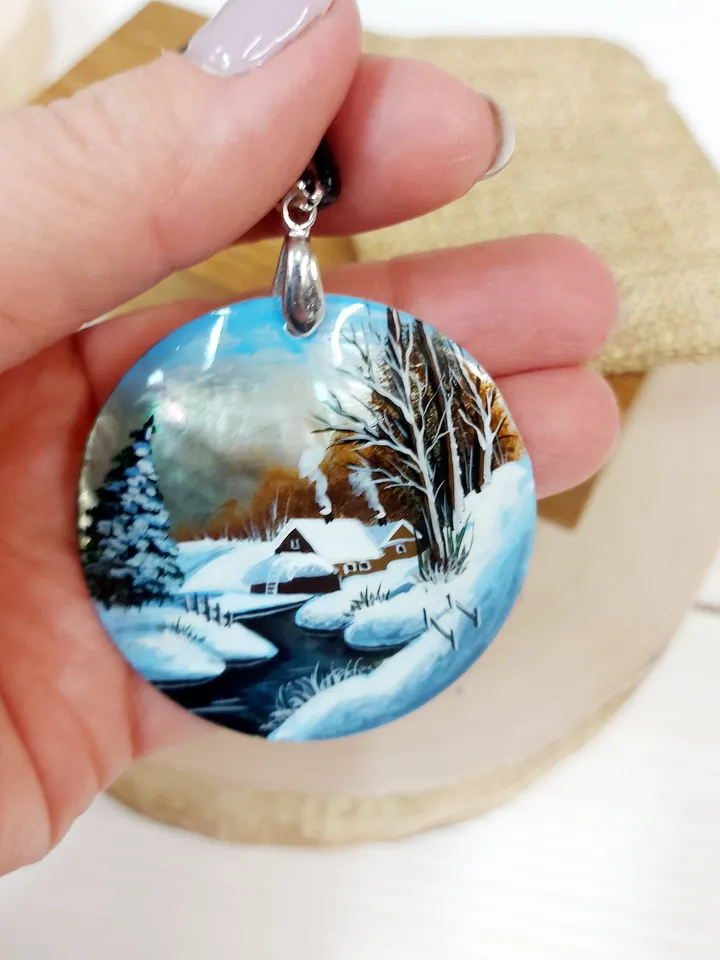 Nice Pendant Winter landscape. River. Mother-of-pearl Russian hand painting. Hand-painted necklace pendant. Hand painted miniature painting