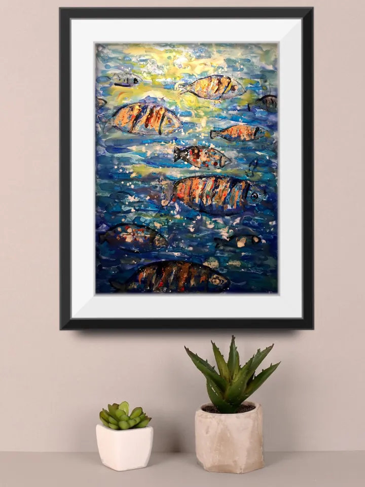 The undersea harmony,poster from original mix media artwork on yupo paper,alcohol inks,watercolor,glass paints ,unique handpainted artwork.