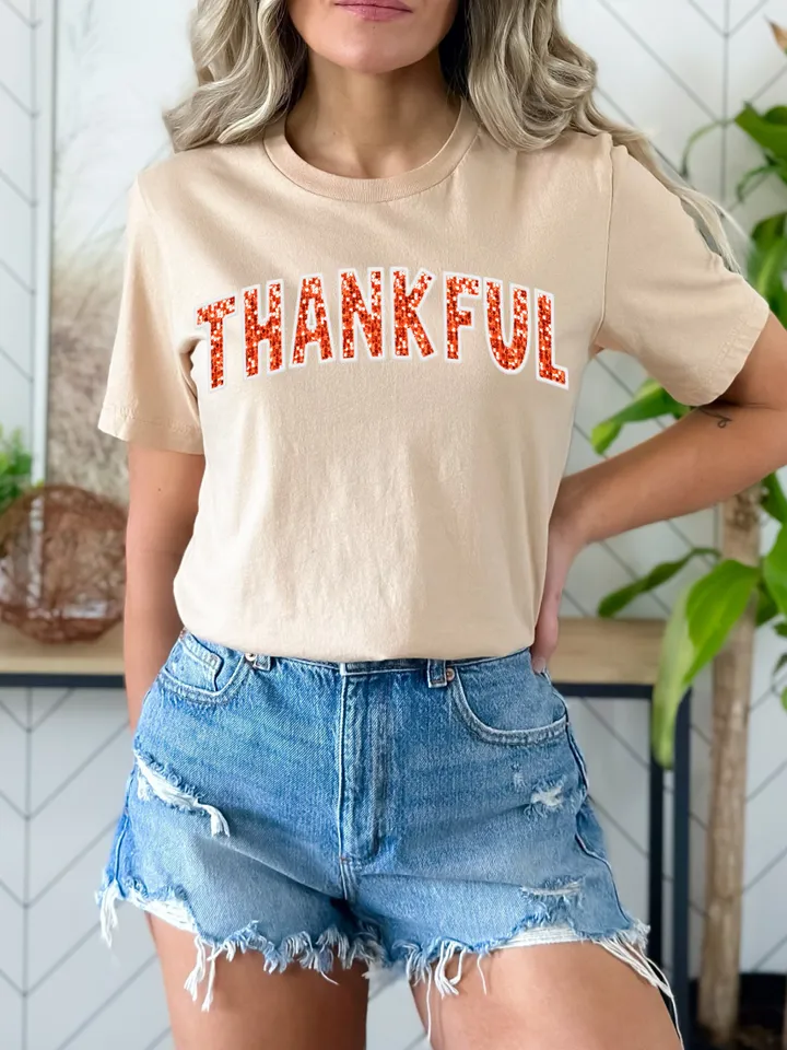 Thankful PNG Thanksgiving Faux Glitter Sequins Embroidery Letters PNG Thanksgiving PNG, Varsity Design, Fall Sublimation, Autumn Png Trendy