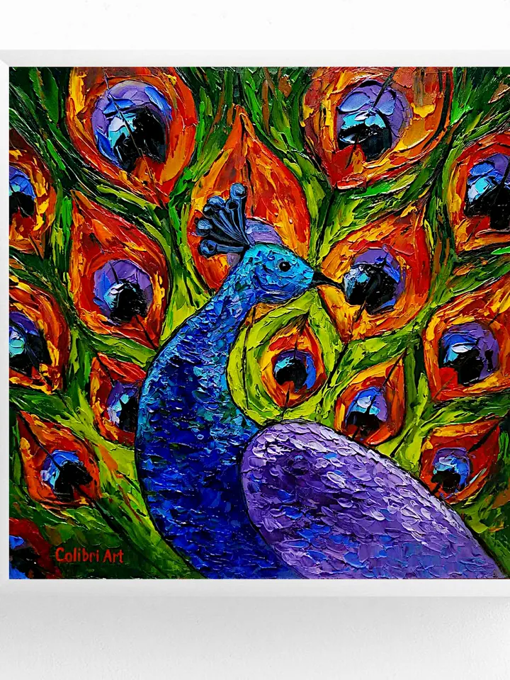 Peacock Painting Bird Original Art Animal Painting Impasto Colorful Wall Art Rainbow Small Art 12" x 12" By Colibri Art