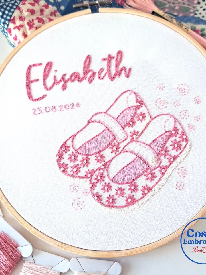 Personalized Baby Name Embroidery Pattern PDF Custom Pink Floral Girl Shoes Design Nursery Wall art DIY Birth Announcement Handmade Hoop Art