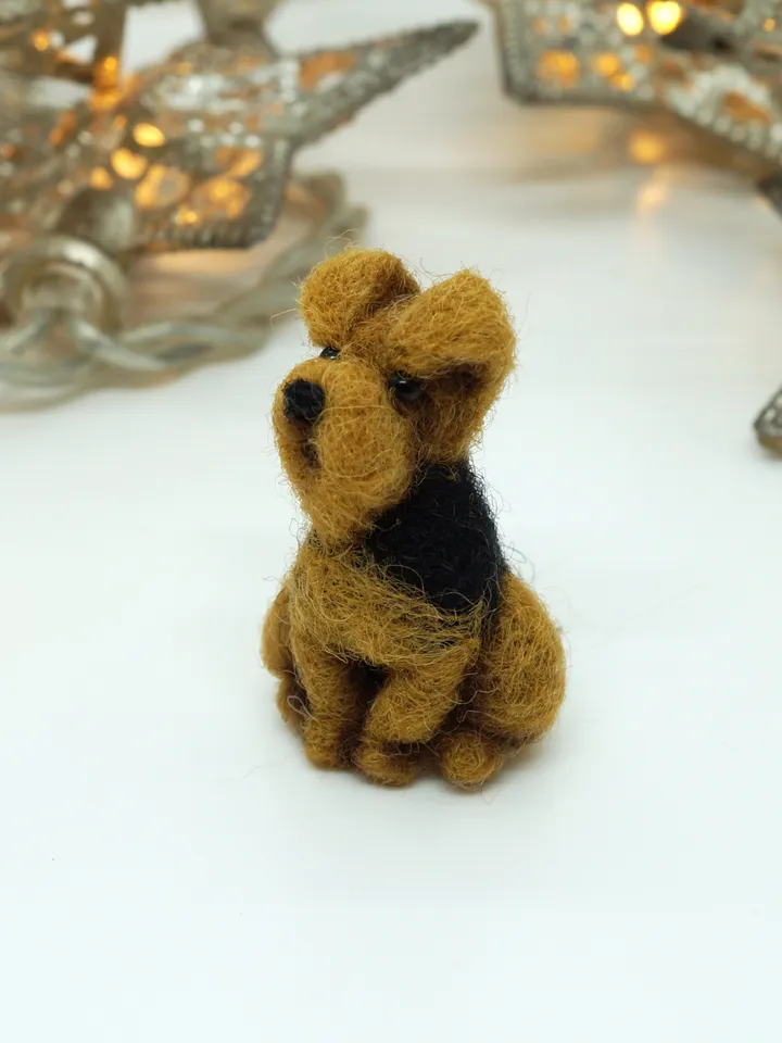 Tiny needle felted airedale terrier, miniature felted pet, dog portrait, Bingley waterside terrier, made to order
