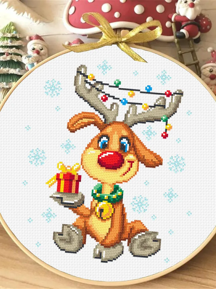 Cute Christmas deer cross stitch pattern download PDF Winter cross stitch chart, Funny Christmas pattern PDF, Easy embroidery beginner #N68