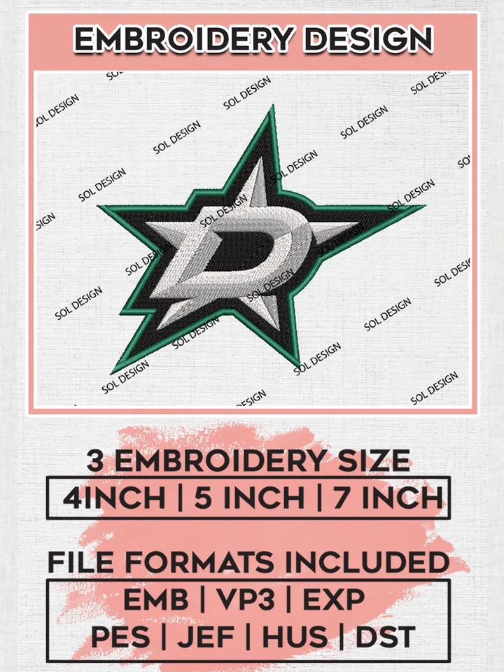 Dallas Stars Machine Embroidery Files, NHL Dallas Stars Embroidery Designs, NHL Dallas Logo, NHL Embroidery Design, Hockey Team, Digital Download
