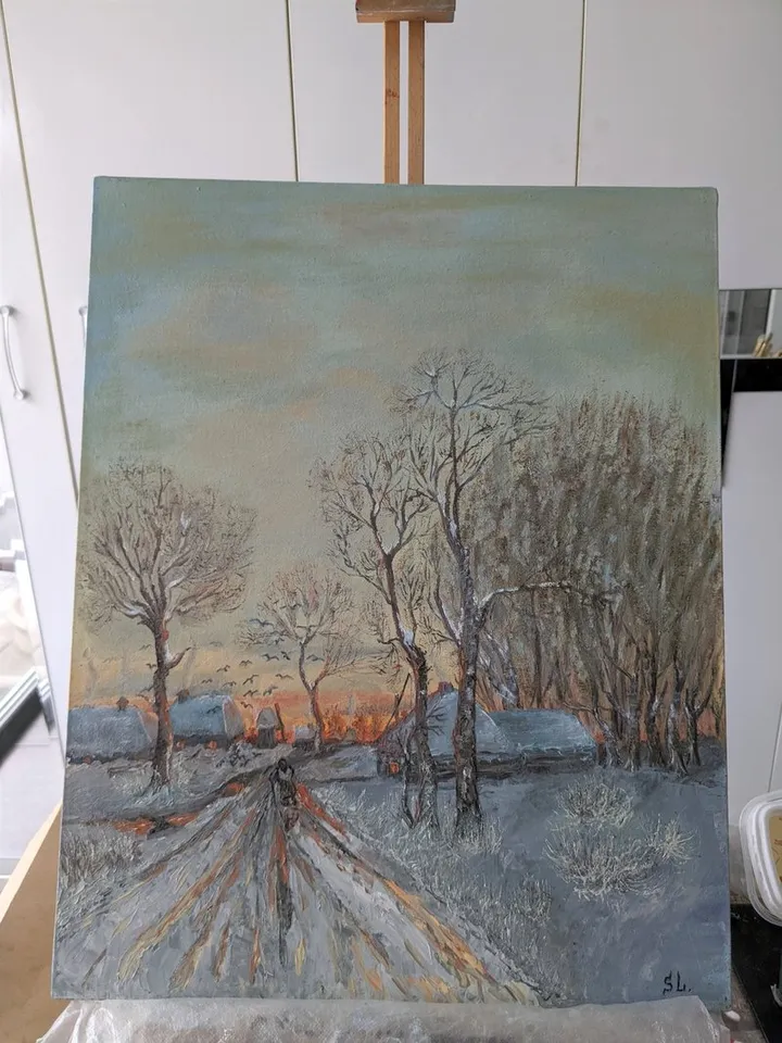 Landscape Oil Painting Last Snow, Thaw, Sunset Handmade Wall Art Reproduction 20x16 Inches
