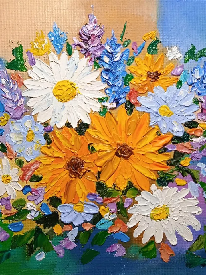 Oil Painting Bright Flowers Chamomile Sunflowers Impasto Art Miniature 6 x 6 in