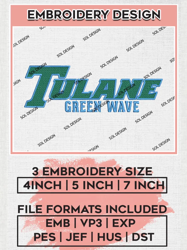 Tulane Green Wave Team Wordmark Logo Embroidery Design Files, NCAA Tulane Green Wave Machine Embroidery, NCAA Teams, 3 sizes, NCAA Machine embroidery designs, Digital Download