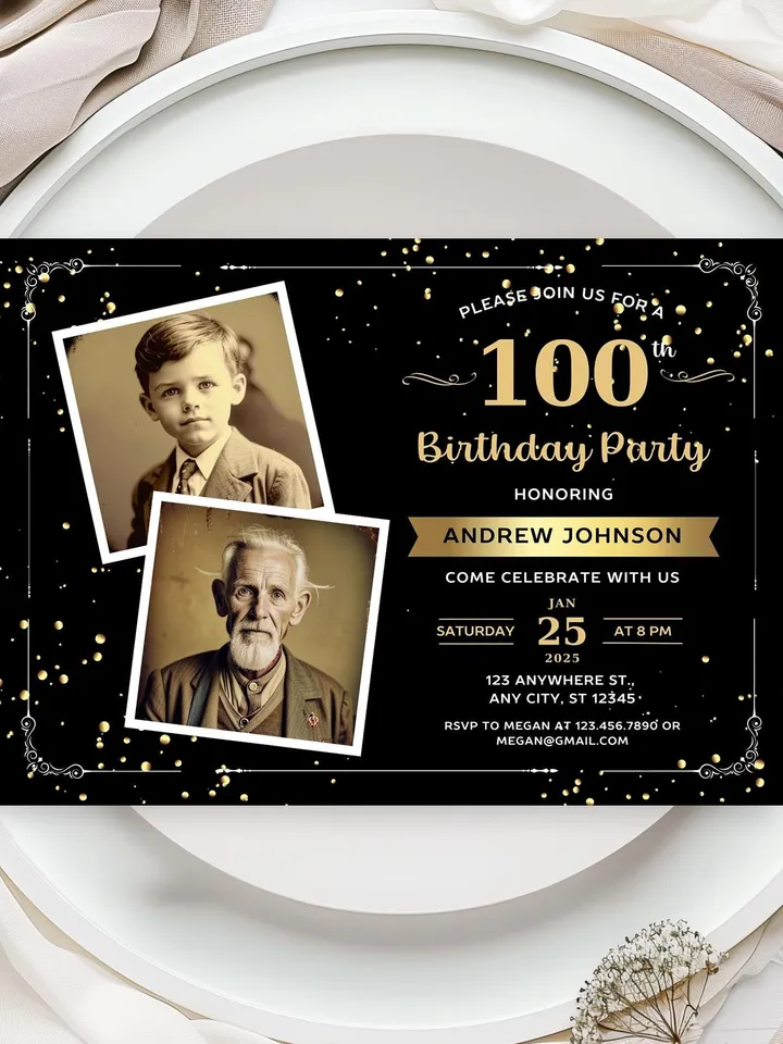 100th Birthday invitation with Photo | Adult Birthday Photo Invite | Mens birthday Black Gold landscape invitation card | Canva template