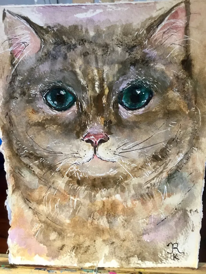 Fat grey cat original painting,watercolor original wall art,watercolor animals painting,cat lovers gifts,cat small original artwork,gift
