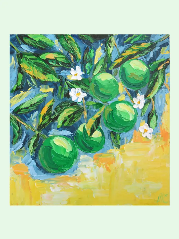 Original Oil Painting of a Green Lime - Stunning Palette Knife Artwork Showcasing Freshness and Texture Charming Miniature Art