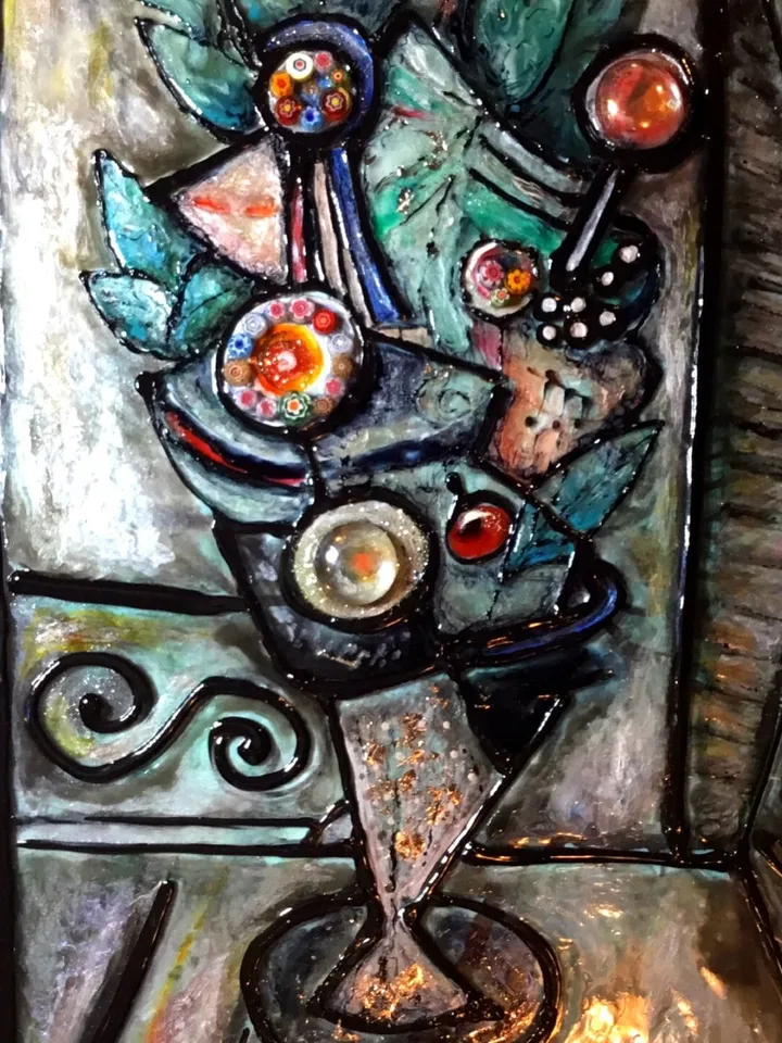 Abstract painting on glass.Mix media modern flowers,glass and watercolour painting with mosaic decoration.Hand made original.Gift for her.