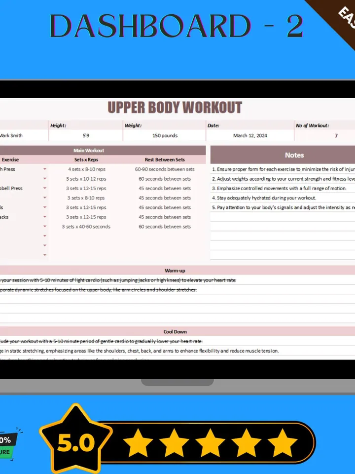 Upper Body Workout Template - Editable Google Sheets for Strength Training & Fitness Progress Tracking, Digital Download