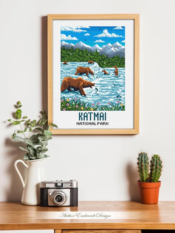 Katmai national park cross stitch pattern PDF download Travel poster cross stitch Bears catch fish Brooks falls in Alaska Bear fishing #L101