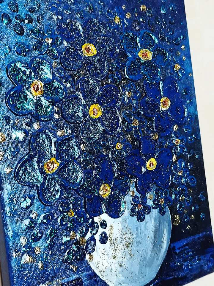 Flower Bouquet Blue Textured Painting Wall Decor