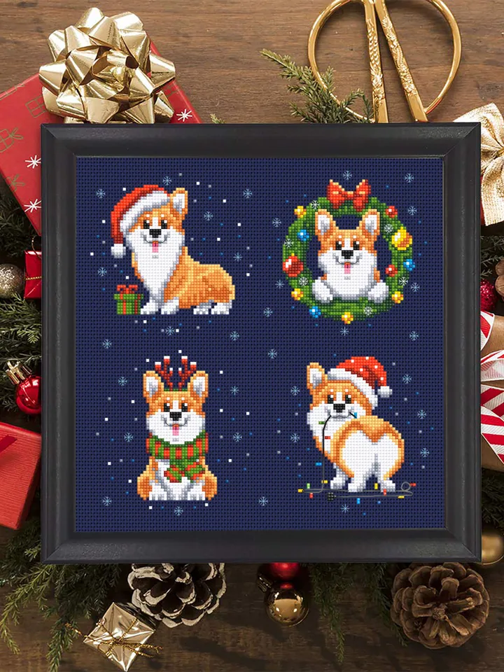 Corgi Christmas cross stitch pattern PDF download Set Christmas dog cross stitch chart, Small christmas ornament digital pattern #N105