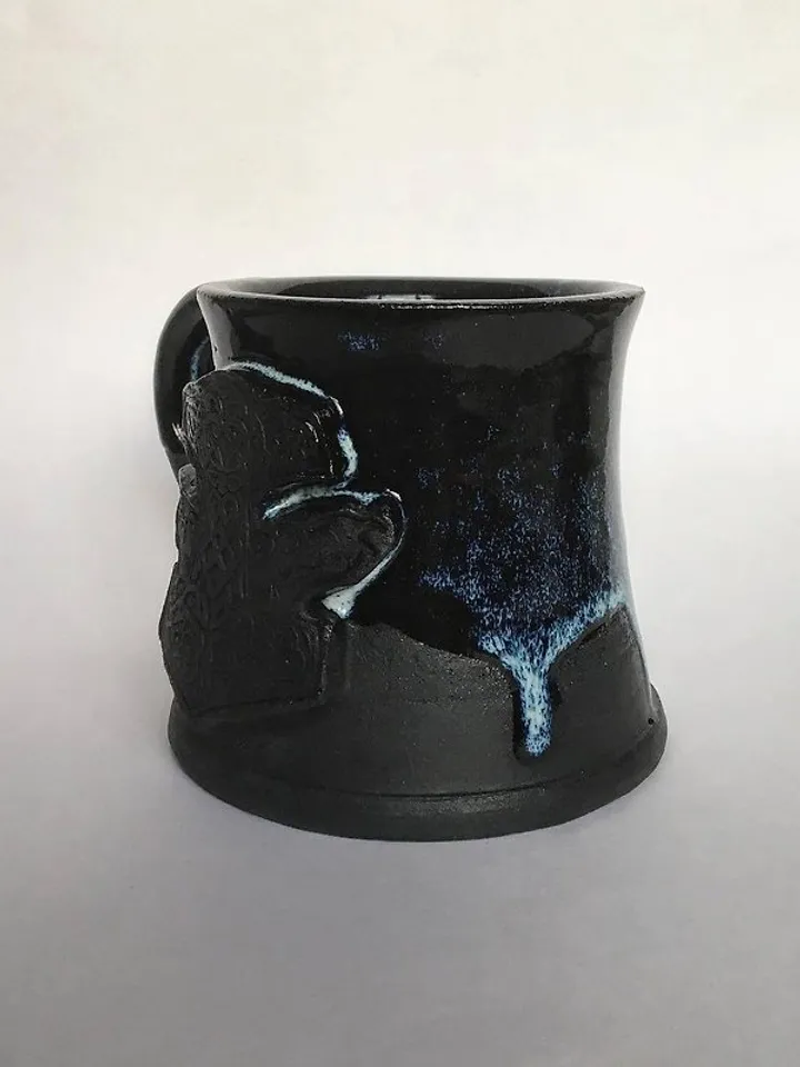 Thor Hammer Mjolnir Huginn and Muninn Black blue glazed dripping stoneware mug