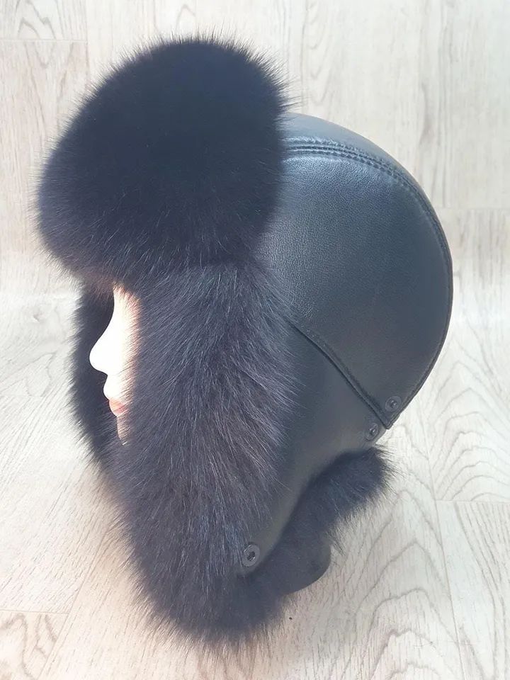 Women's Hat Zimushka from Fox. Fur hat from Natural Fur. Top of the Hat Genuine Leather. Winter hat. Handmade. Black hat made of arctic fur