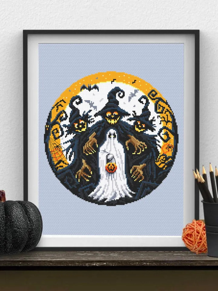 Scary Halloween cross stitch pattern PDF download Spooky ghost cross stitch chart Happy Halloween night, Halloween witch embroidery PDF #H61