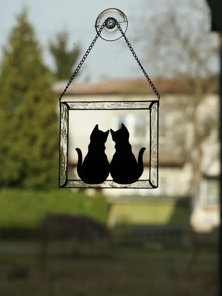 Two Black Cats in Frame Stained glass window hanging Suncatcher . Gift for animal lover , pet loss memorial