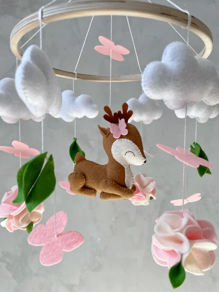 Deer mobile baby girl with flowers and butterflies, Woodland crib mobile girl