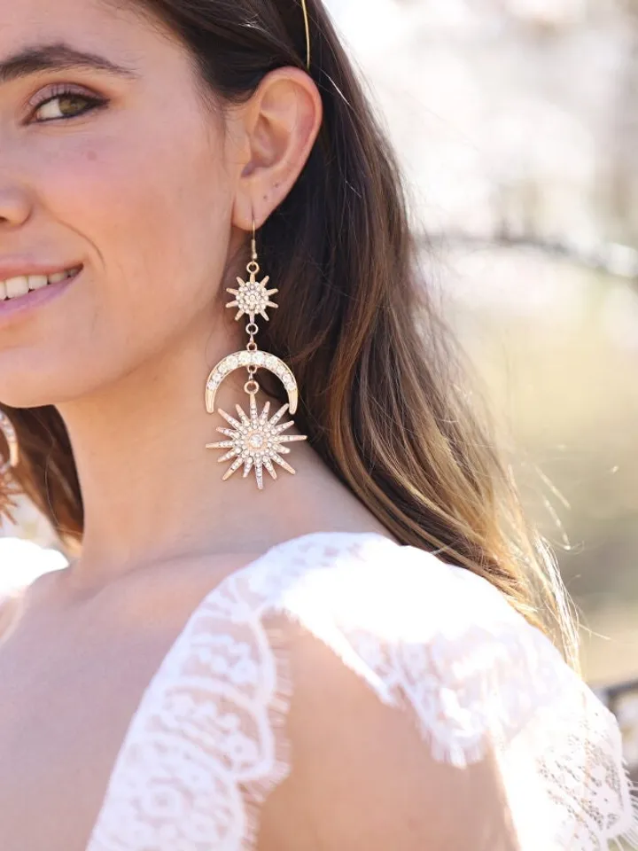 Extra Long Bohemian Bridal Earrings, Celestial Wedding Earrings, Sun Moon Star Earrings, Boho Wedding Jewelry, Statement Wedding Earrings