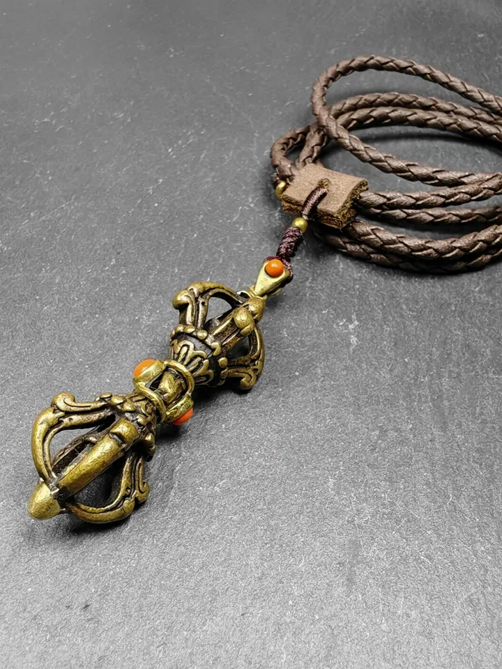 Tibetan Vajra Dorje Amulet - Antique Brass Buddha Protective Charm Inlaid with Agate | 2.0 Inches | Spiritual Gift from Tibet
